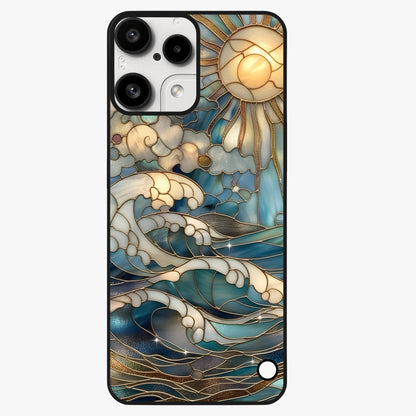 Oceanic Stained Printed Glass Case showing flat back view with ocean inspired stained pattern artwork and glossy glass finish.