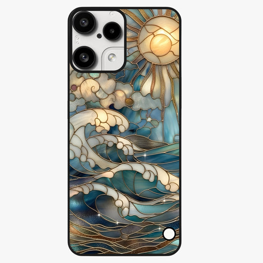Oceanic Stained Printed Glass Case showing flat back view with ocean inspired stained pattern artwork and glossy glass finish.