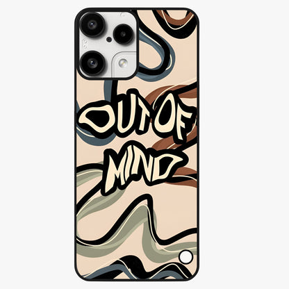Out Of Mind Glass Case showing flat back view with expressive typography artwork and glossy glass finish.