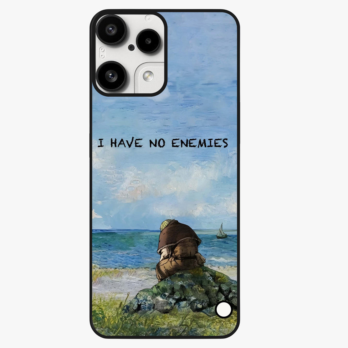 Peace Beyond War Glass Case showing flat back view with symbolic peace themed artwork and glossy glass finish.
