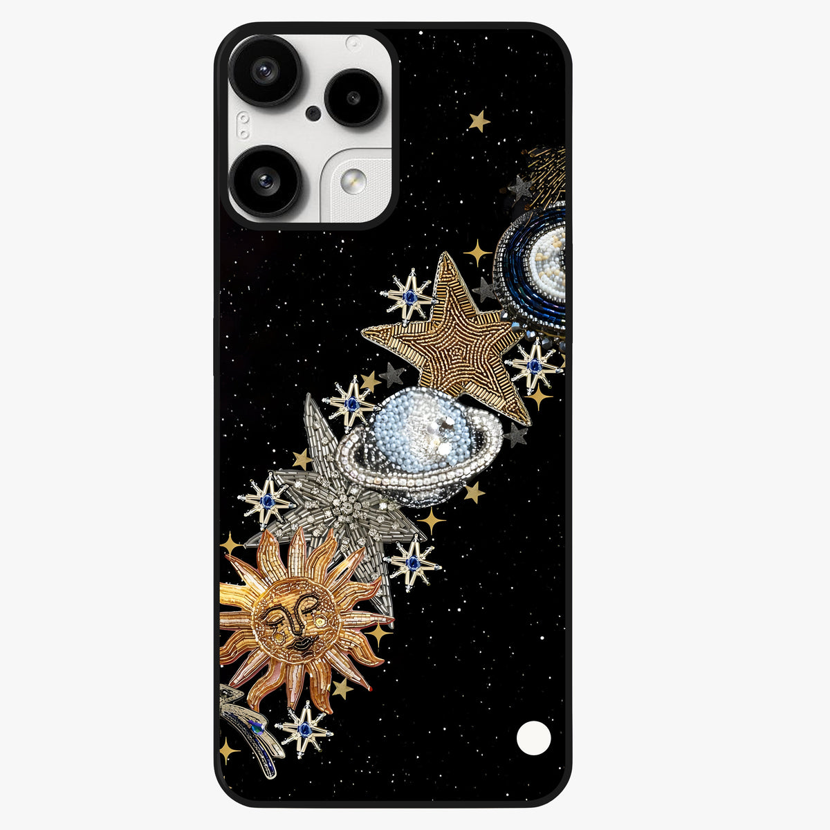 Pearls Universe Object Glass Case showing flat back view with pearl inspired cosmic artwork and glossy glass finish.