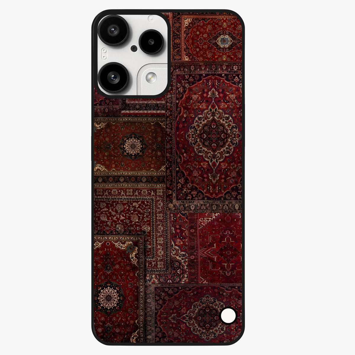 Persian Velvet Tale Glass Case showing flat back view with luxurious Persian velvet pattern artwork and glossy glass finish.