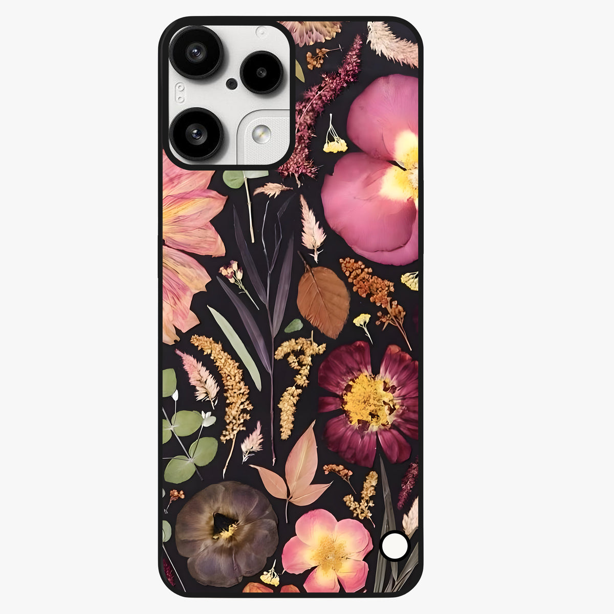 Petal Dream Tapestry Glass Case showing flat back view with intricate floral tapestry artwork and glossy glass finish.