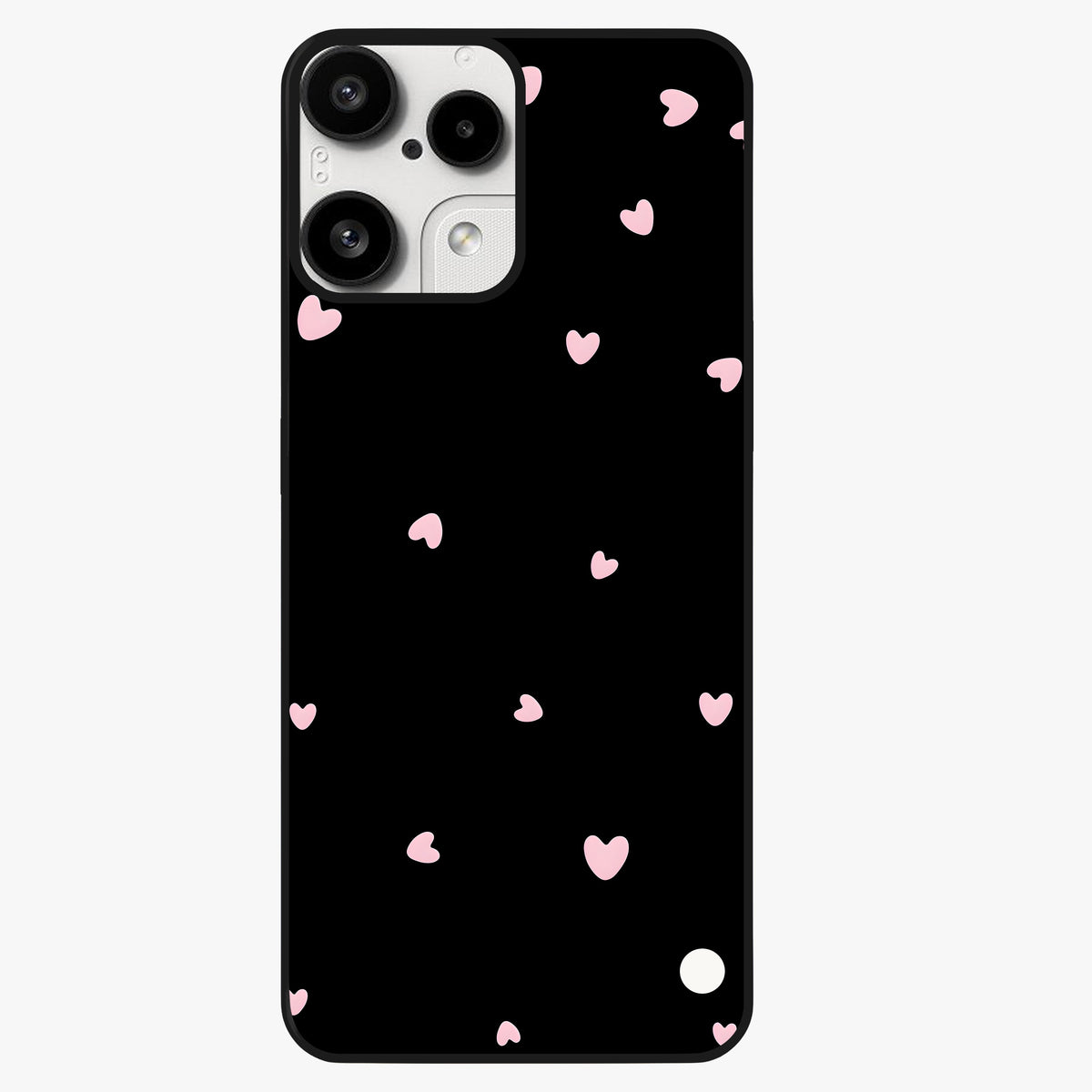 Pink Love Drops Glass Case showing flat back view with playful pink heart drops artwork and glossy glass finish.