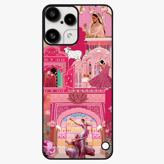 Pink Palace Muse Glass Case showing flat back view with elegant palace inspired artwork and glossy glass finish.