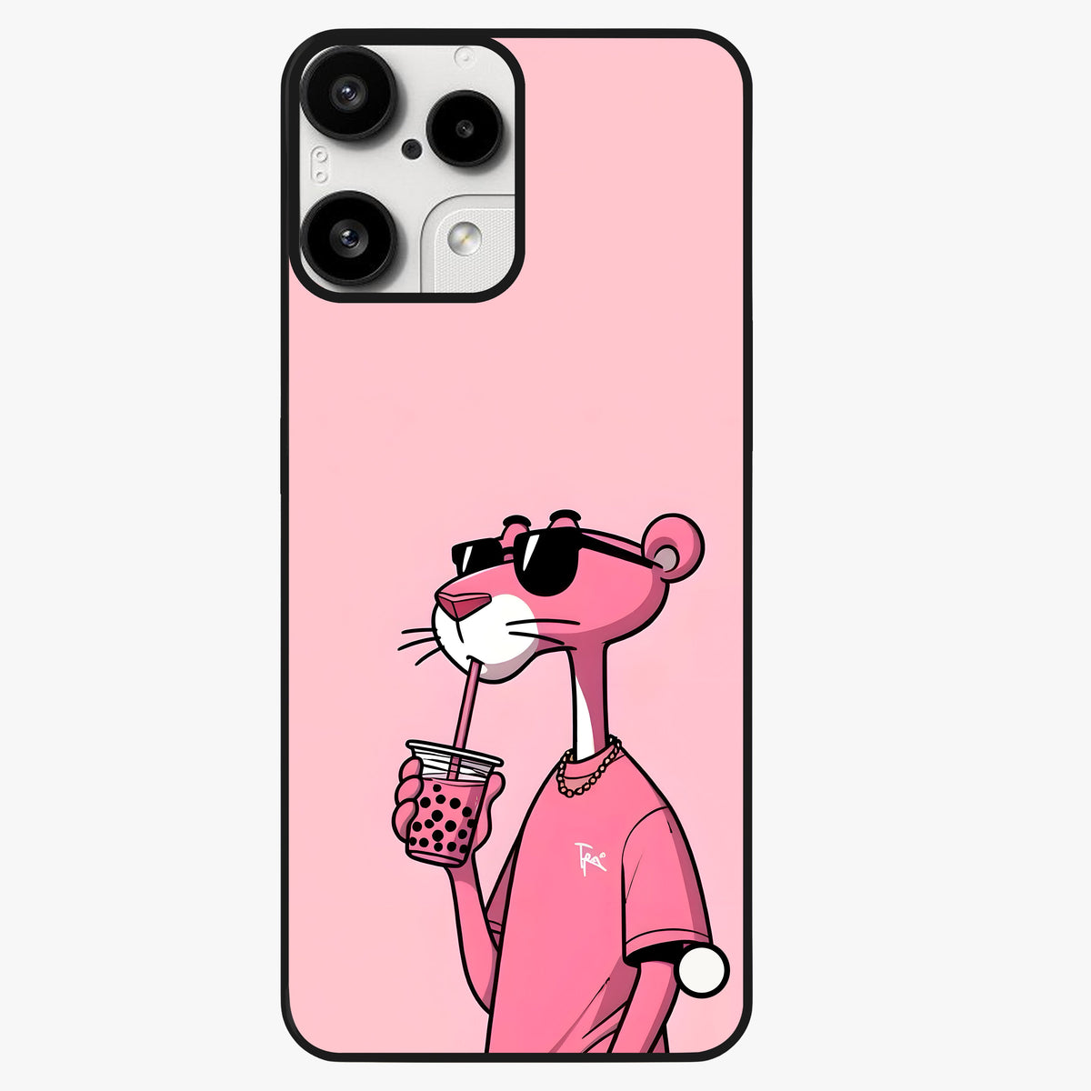 Pink Panther Glass Case showing flat back view with iconic pink panther artwork and glossy glass finish.