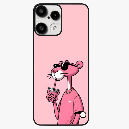 Pink Panther Glass Case showing flat back view with iconic pink panther artwork and glossy glass finish.