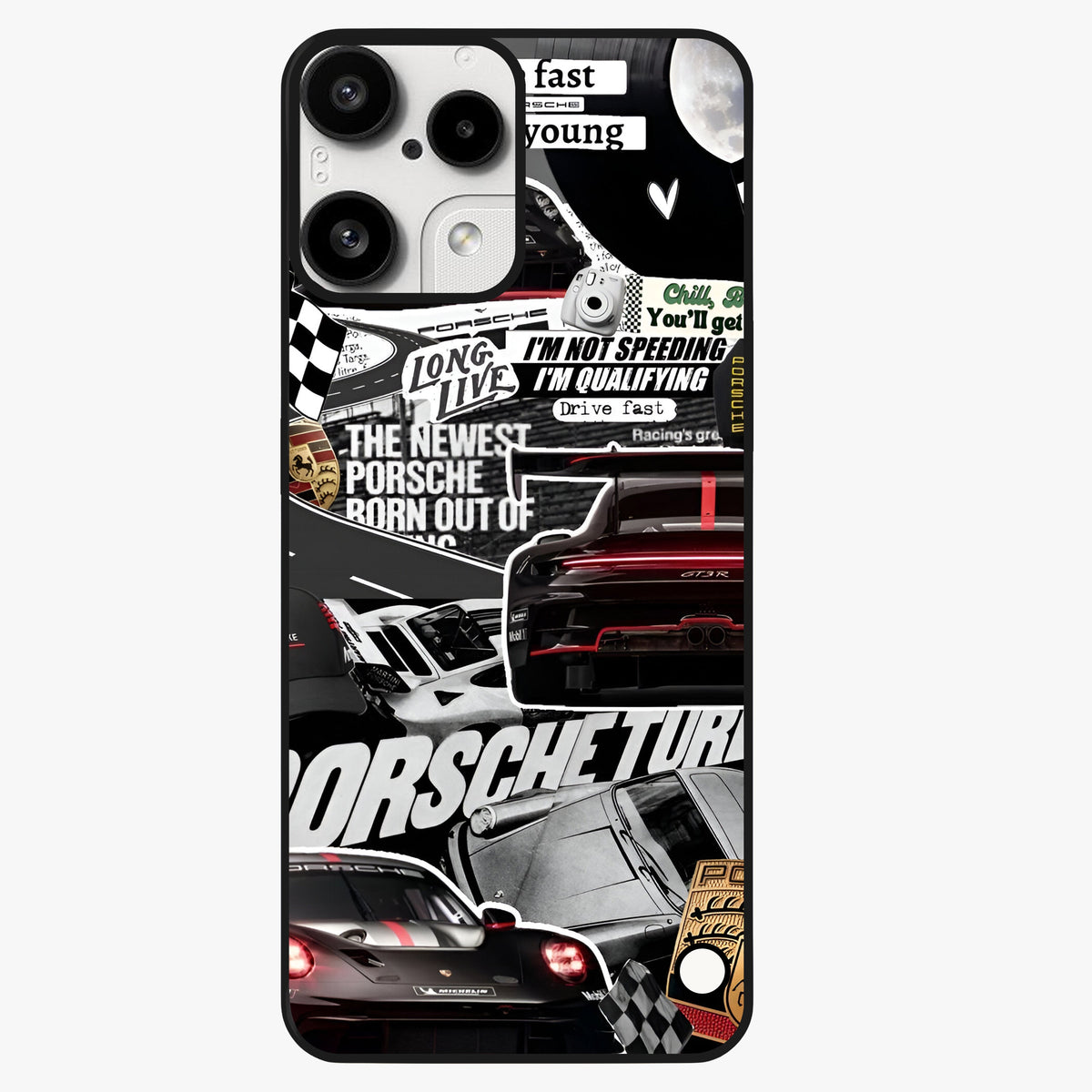Porsche Racing Collage Glass Case showing flat back view with sports car racing collage artwork and glossy glass finish.