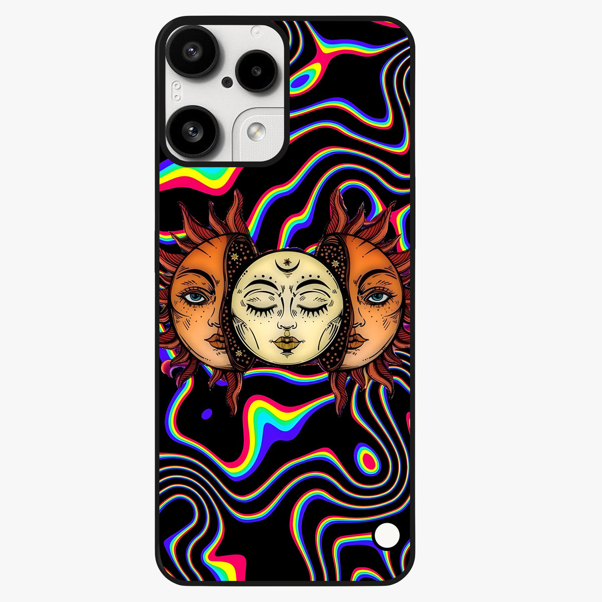 Psychedelic Sun Glass Case showing flat back view with colorful psychedelic sun artwork and glossy glass finish.