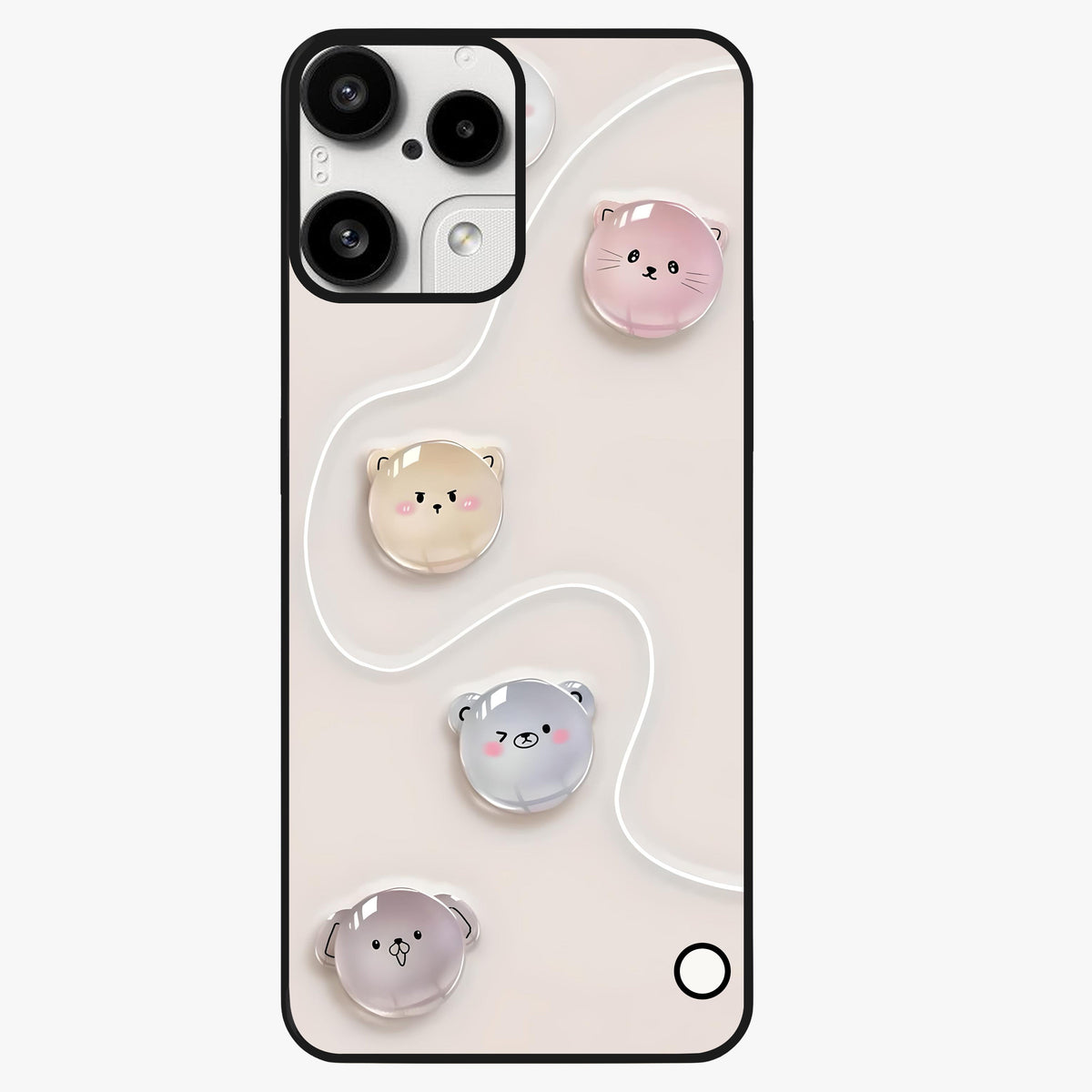 Puffy Face Parade Glass Case showing flat back view with cute puffy character faces artwork and glossy glass finish.