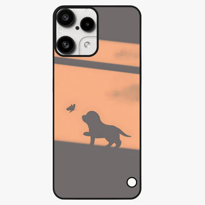Puppy Shadow Art Glass Case showing flat back view with cute puppy shadow style artwork and glossy glass finish.