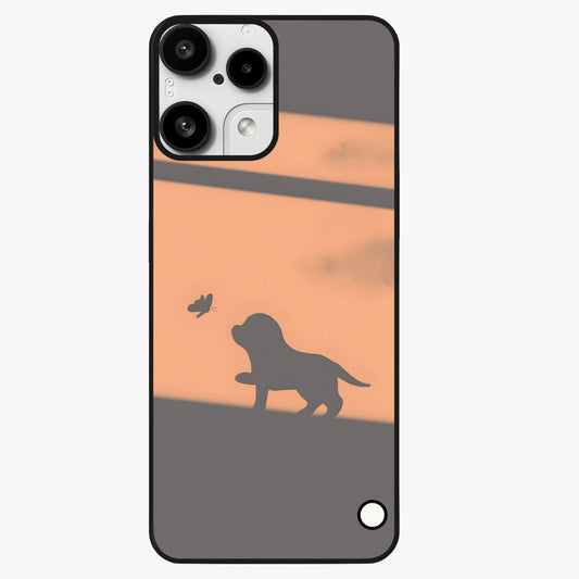 Puppy Shadow Art Glass Case showing flat back view with cute puppy shadow style artwork and glossy glass finish.