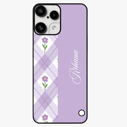 Purple Diamond Floral Glass Case showing flat back view with diamond shaped floral artwork and glossy glass finish.