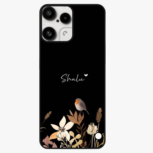 Quiet Garden Tune Custom Name Glass Case showing flat back view with peaceful garden artwork and personalized name design.