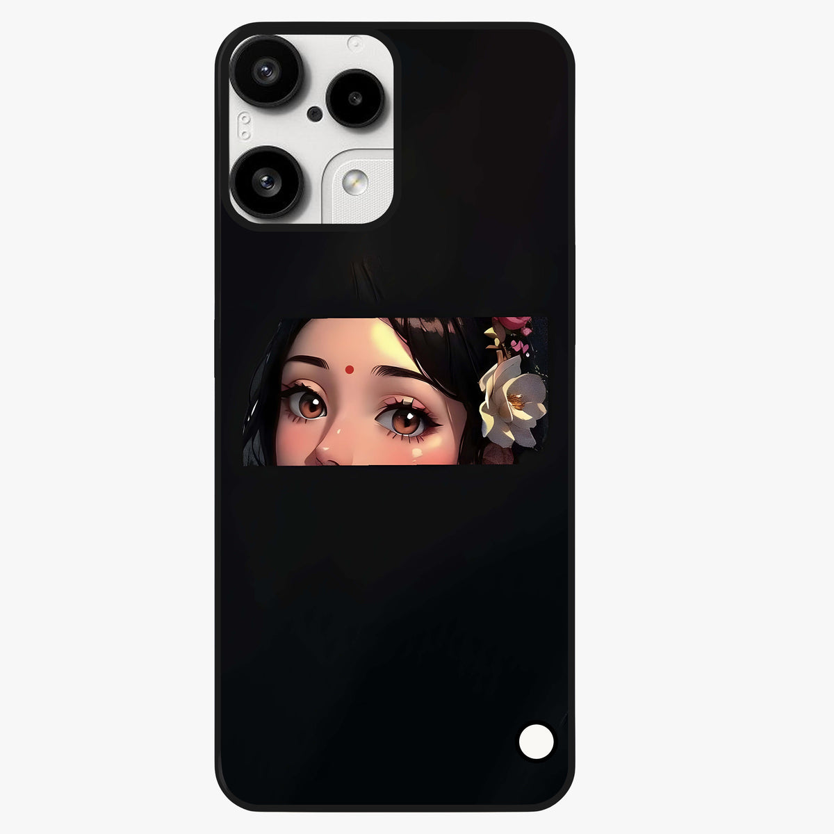 Radha Divine Embrace Glass Case showing flat back view with devotional Radha artwork and glossy glass finish.