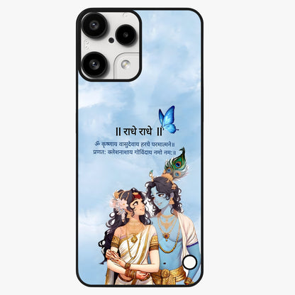 Radha Krishna Eternal Glass Case showing flat back view with Radha Krishna devotional artwork and glossy glass finish.