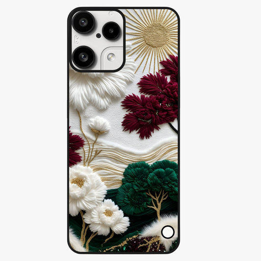 Radiant Bloom Elegance Glass Case showing flat back view with elegant blooming flower artwork and glossy glass finish.