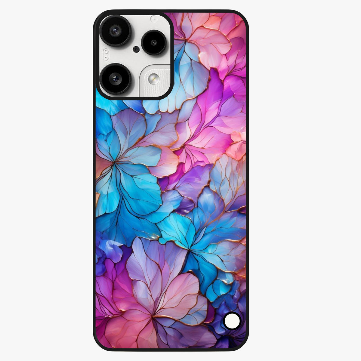 Radiant Floral Whirl Glass Case showing flat back view with swirling floral artwork and glossy glass finish.