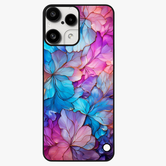 Radiant Floral Whirl Glass Case showing flat back view with swirling floral artwork and glossy glass finish.