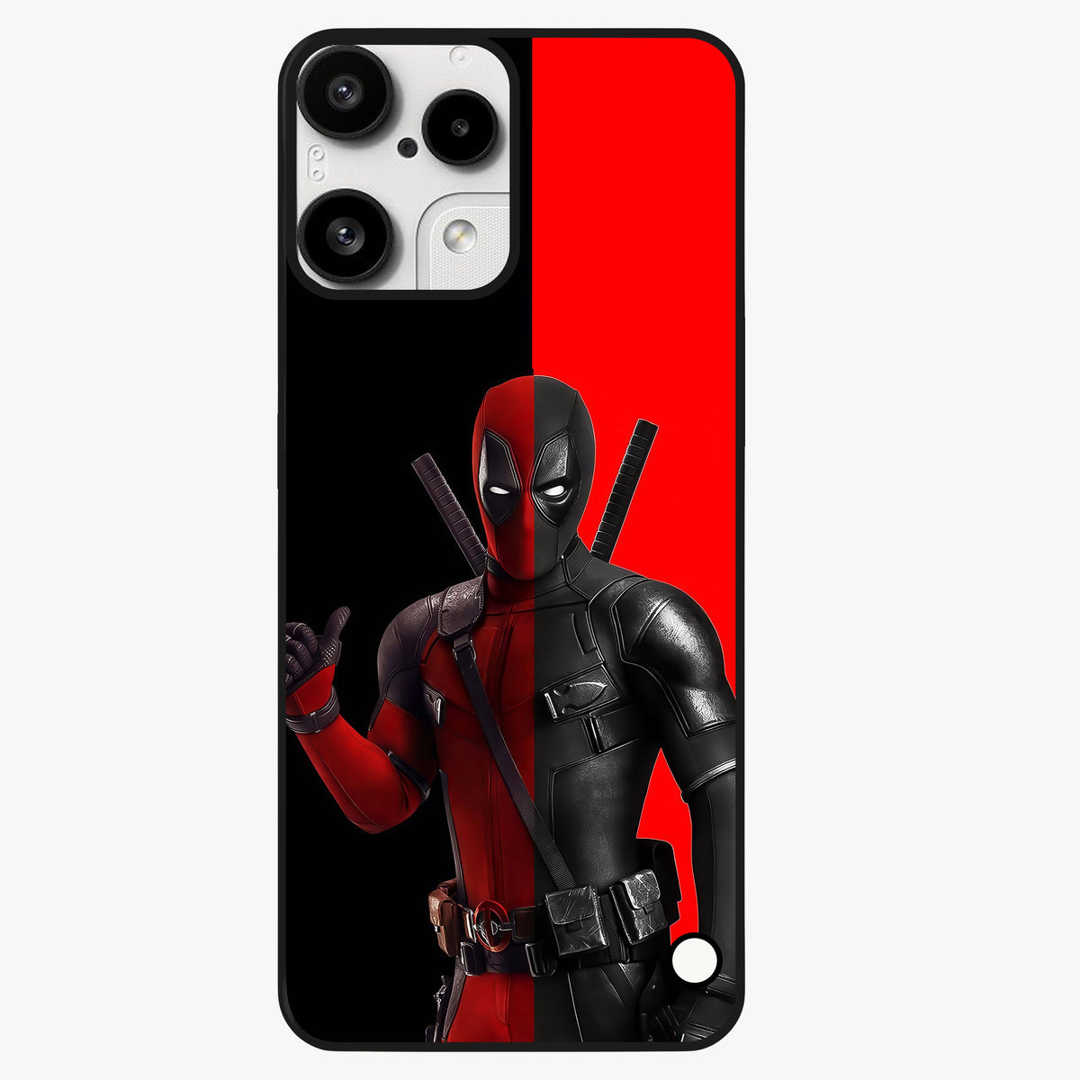 Red & Black Deadpool Theme Glass Case showing flat back view with bold comic inspired artwork and glossy glass finish.