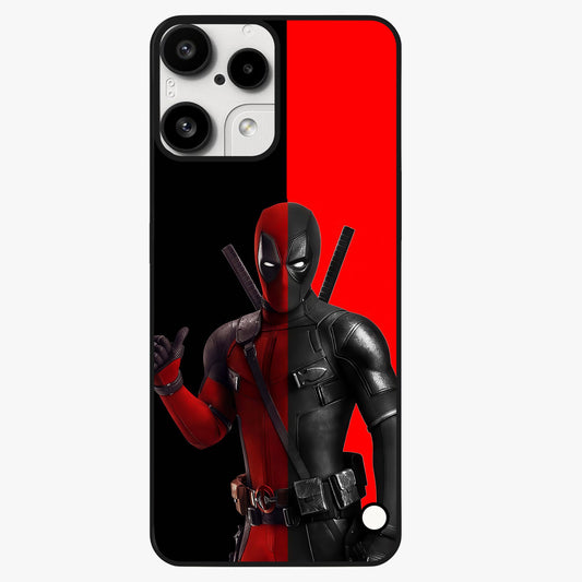 Red & Black Deadpool Theme Glass Case showing flat back view with bold comic inspired artwork and glossy glass finish.