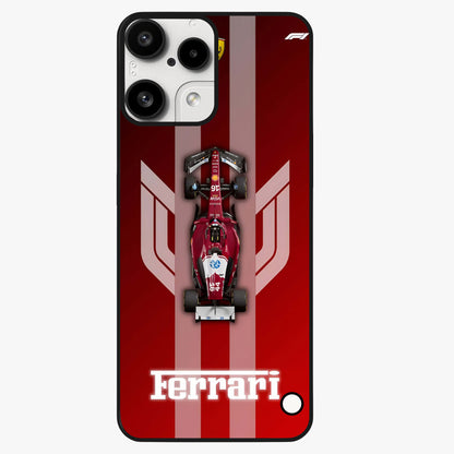 Red Ferrari F1 Vertical Glass Case showing flat back view with sleek Formula racing car artwork and glossy glass finish.