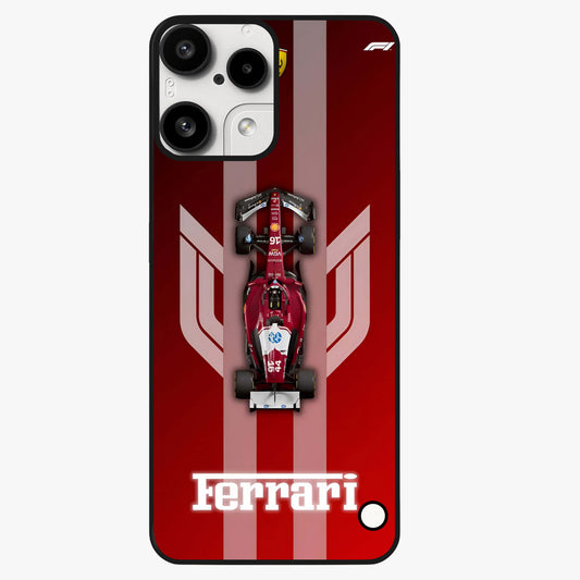 Red Ferrari F1 Vertical Glass Case showing flat back view with sleek Formula racing car artwork and glossy glass finish.