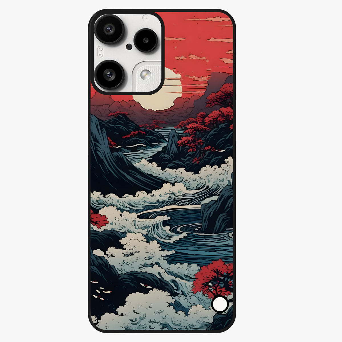 Red Sunset Scenery Glass Case showing flat back view with vibrant sunset landscape artwork and glossy glass finish.