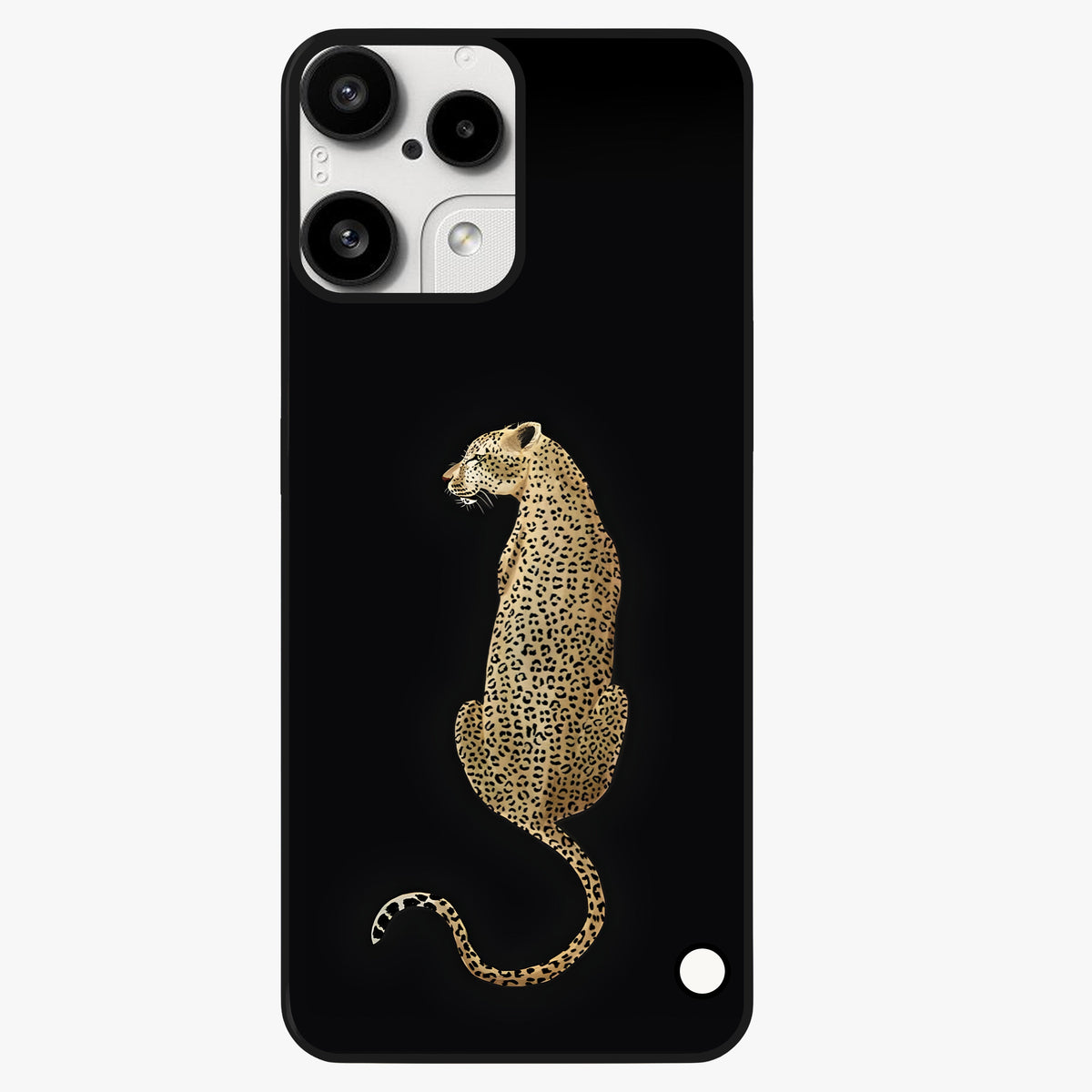 Regal Leopard Glass Case showing flat back view with bold leopard artwork and glossy glass finish.