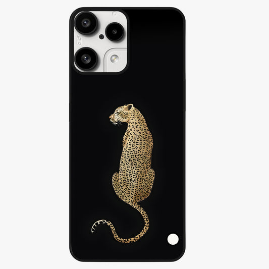 Regal Leopard Glass Case showing flat back view with bold leopard artwork and glossy glass finish.