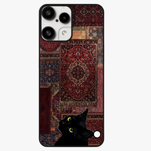 Regal Magic Cat Apple Glass Case showing flat back view with magical cat artwork holding apple and glossy glass finish.