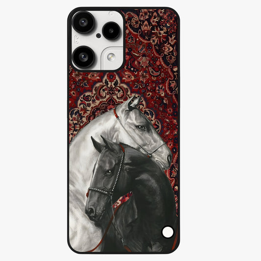 Regal Stallion Tapestry Glass Case showing flat back view with majestic horse tapestry artwork and glossy glass finish.