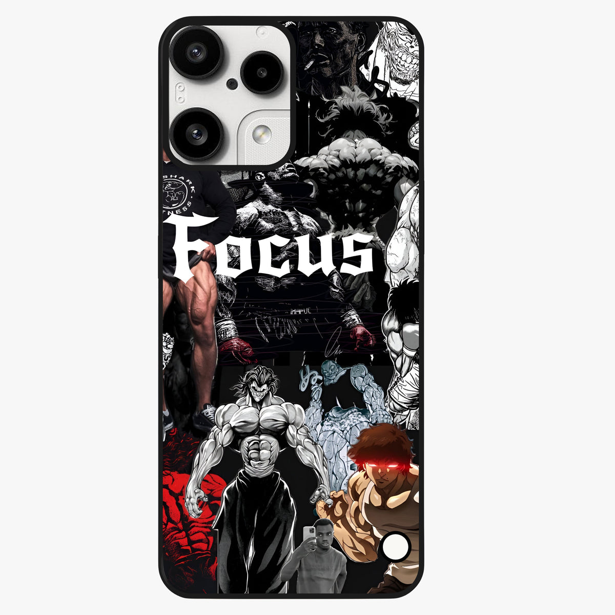 Relentless Power Focus Glass Case showing flat back view with motivational typography artwork and glossy glass finish.