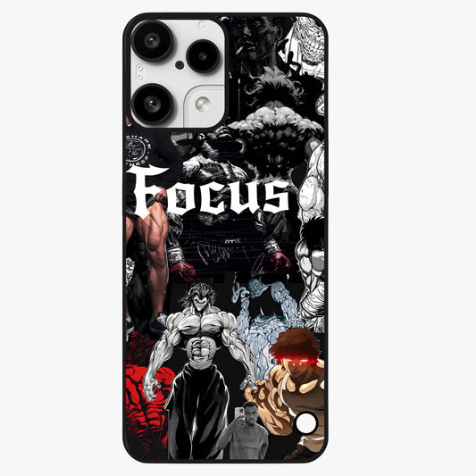 Relentless Power Focus Glass Case showing flat back view with motivational typography artwork and glossy glass finish.