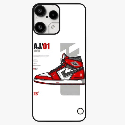 Retro Sneaker Blueprint Glass Case showing flat back view with sneaker blueprint style artwork and glossy glass finish.