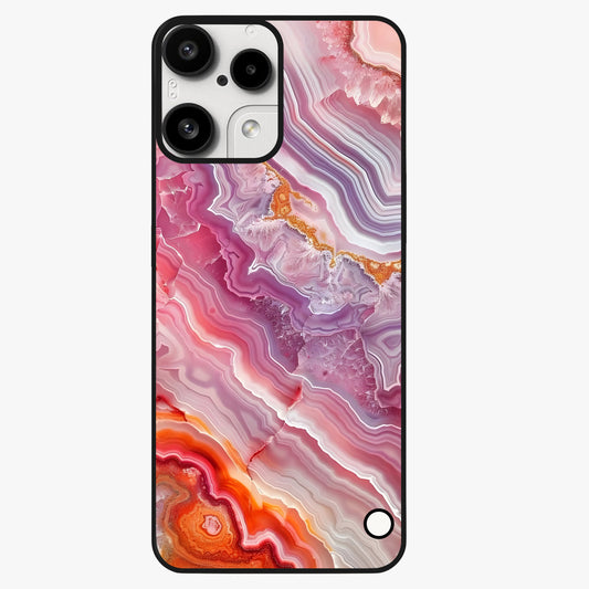 Rose Quartz Marble Glass Case showing flat back view with pink marble quartz texture artwork and glossy glass finish.
