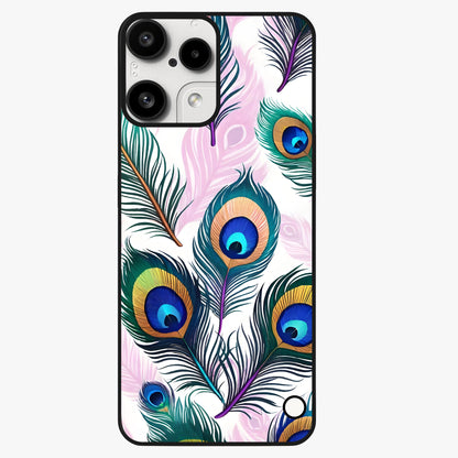 Royal Peacock Feathers Glass Case showing flat back view with colorful peacock feather artwork and glossy glass finish.