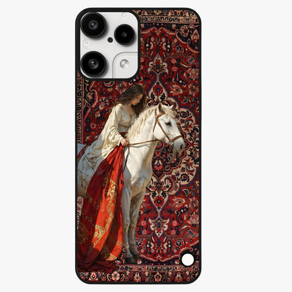 Royal Rider Tapestry Glass Case showing flat back view with majestic horse rider tapestry artwork and glossy glass finish.