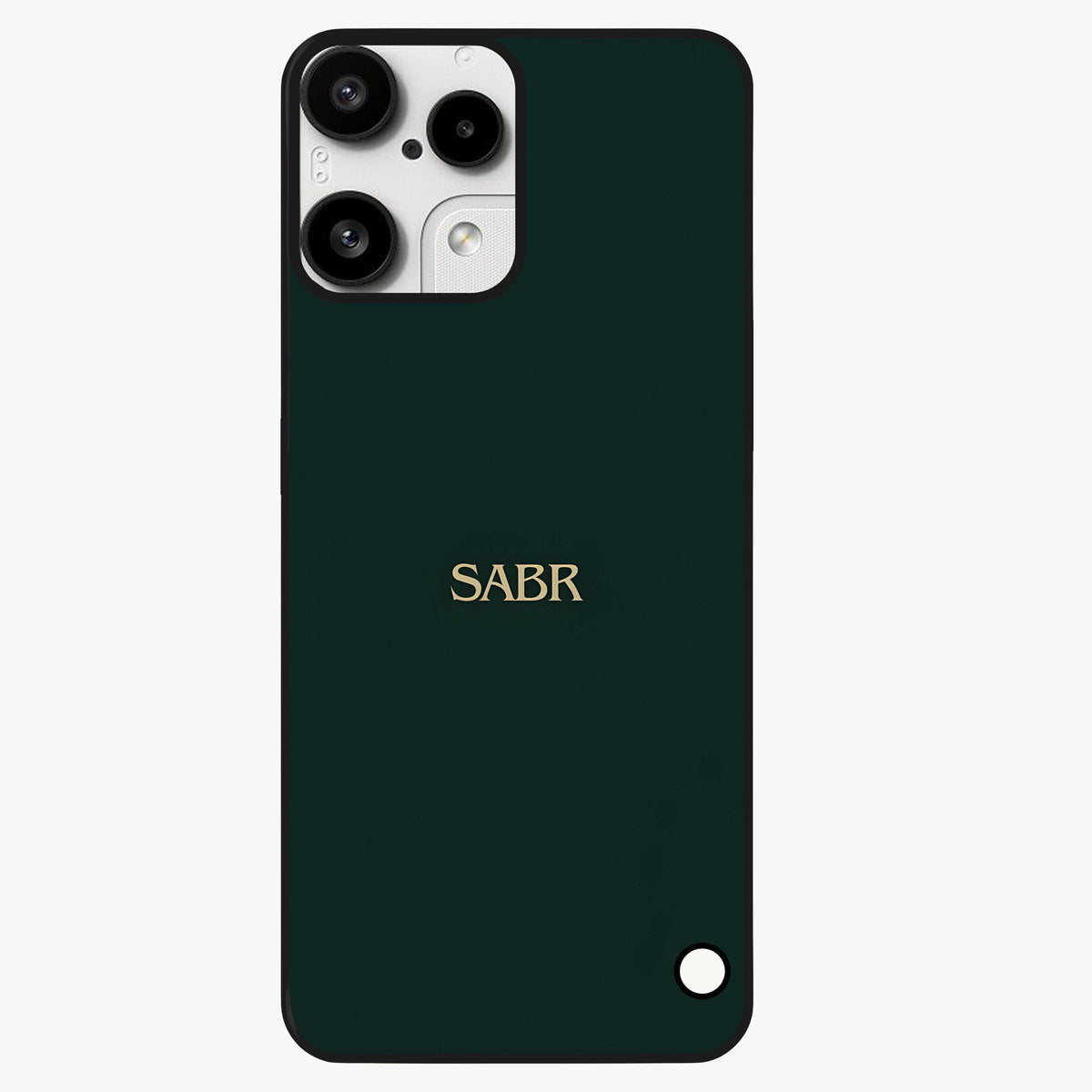 Sabr Minimal Patience Glass Case showing flat back view with minimalist typography artwork and glossy glass finish.