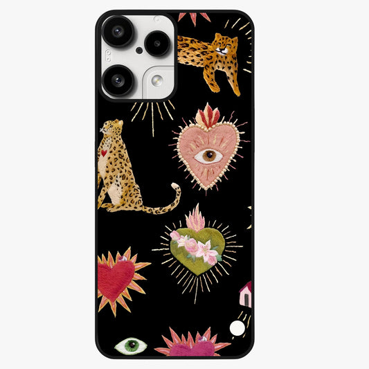 Sacred Jungle Heart Glass Case showing flat back view with jungle inspired heart artwork and glossy glass finish.