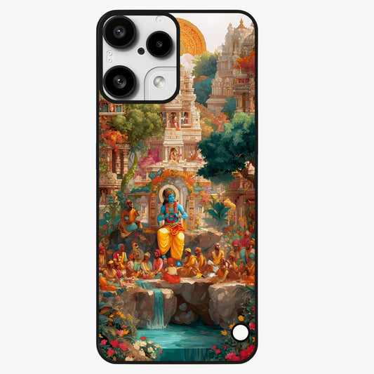 Sacred Sunlight Gods Glass Case showing flat back view with divine sunlight themed artwork and glossy glass finish.