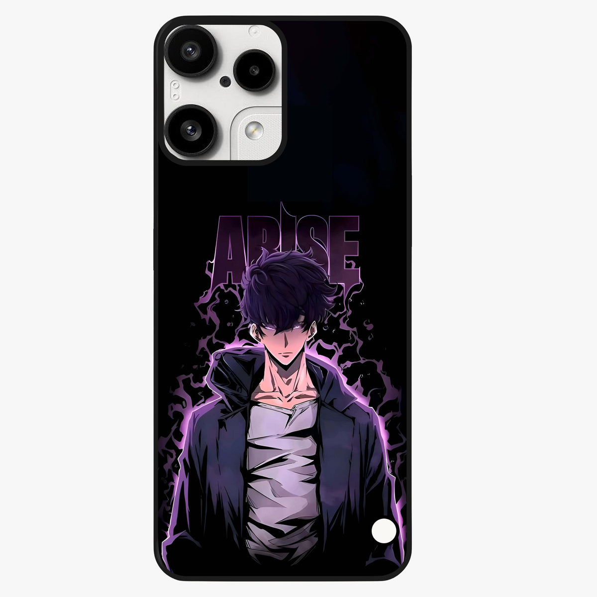 Shadow Monarch Awakening Glass Case showing flat back view with powerful dark monarch themed artwork and glossy glass finish.