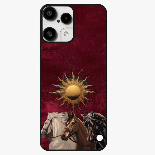 Solar Riders Glass Case showing flat back view with dynamic rider themed artwork and glossy glass finish.
