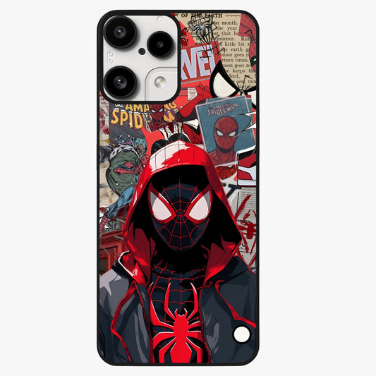 Spider Collage Street Glass Case showing flat back view with vibrant superhero collage artwork and glossy glass finish.