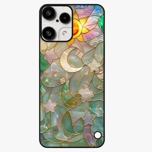 Stained Sunrise Glow Glass Case showing flat back view with glowing sunrise stained pattern artwork and glossy glass finish.