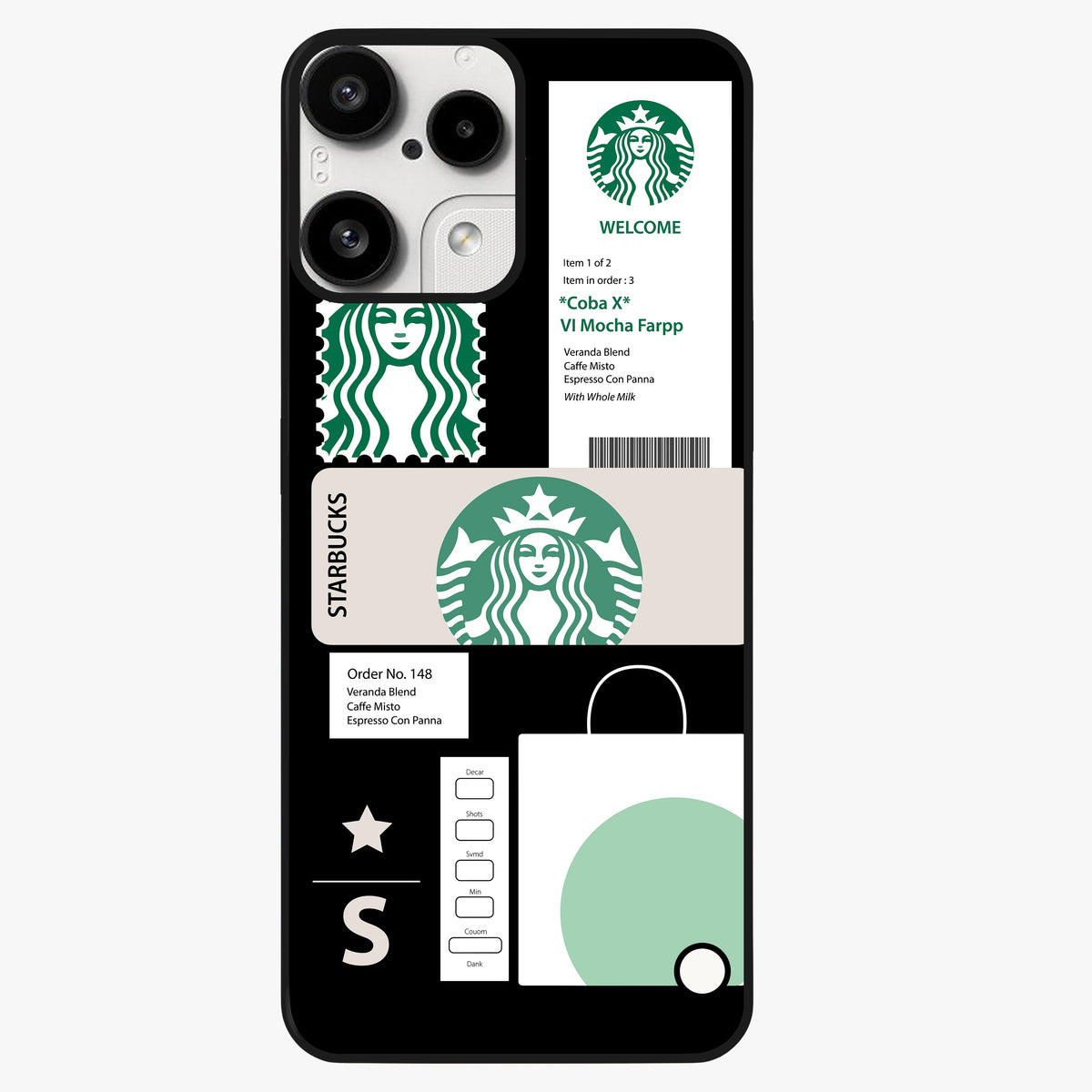 Starbucks Mocha Glass Case showing flat back view with coffee inspired artwork and glossy glass finish.