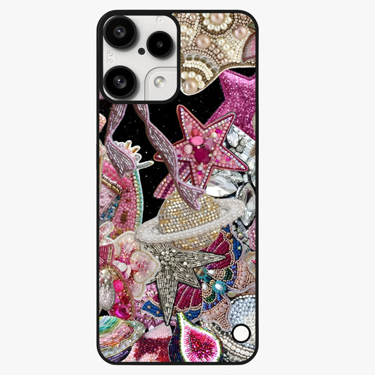 Starlit Jewel Dream Glass Case showing flat back view with sparkling jewel and star themed artwork and glossy glass finish.