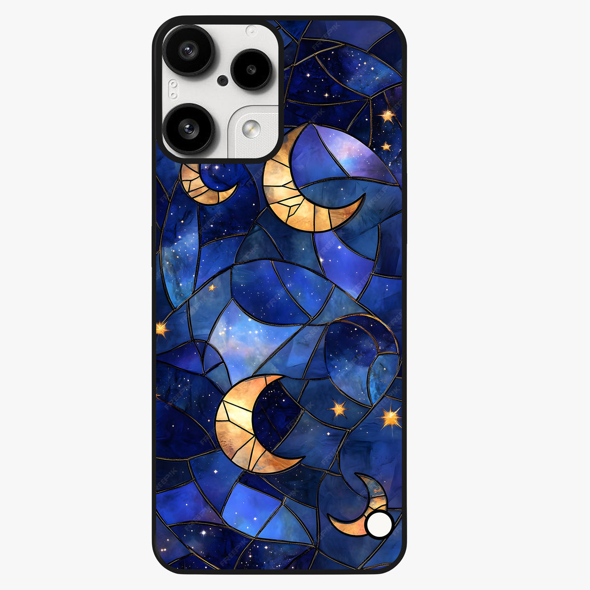 Starlit Sky Tapestry Glass Case showing flat back view with decorative starry sky tapestry artwork and glossy glass finish.