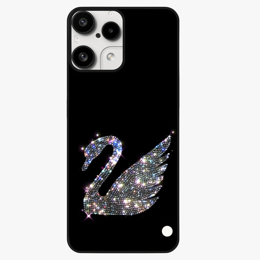 Starlit Swan Grace Glass Case showing flat back view with graceful swan artwork under starry sky and glossy glass finish.