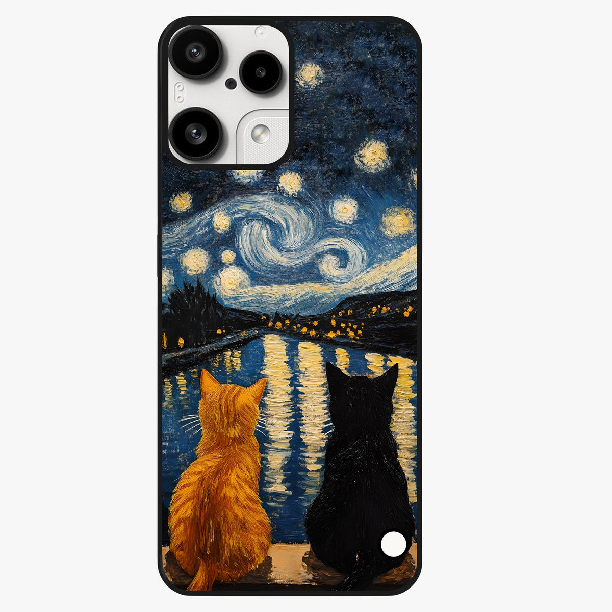 Starry River Cats Glass Case showing flat back view with cats by a starry river artwork and glossy glass finish.
